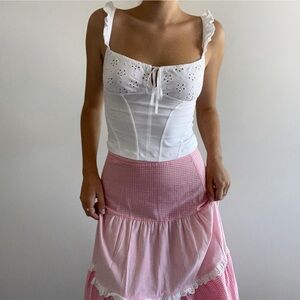 Vintage Red Pink White Gingham Patchwork Lace Midi Skirt